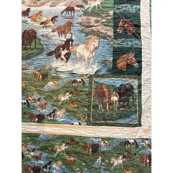 Handmade Horse patchwork Large Quilt stitched embroidered cottage blanket 55x79” - Picture 4 of 8